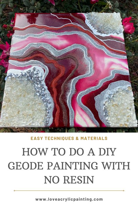 Pour Painting With Crystals, Geode Furniture Painted, Geode Acrylic Painting, Acrylic Geode Painting, How To Paint Geode, Geode Painting Acrylic Canvas, Geode Painting Diy, Geode Paint Pour, Geode Pour Painting