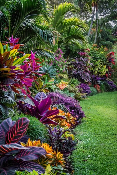 Tips for Designing a Low-Allergy Backyard Tropical Yards Landscape, Small Tropical Backyard Ideas, Tropical Landscaping Plants, Tropical Plant Landscaping, Tropical Garden Flowers, Modern Japanese Backyard, Plants For Garden Borders, Backyard Jungle Garden, Plants Next To House