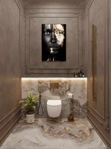 Hotel Lobby Bathroom Design, Classical Washroom Design, Classical Washroom Interiors, Neoclassical Powder Room, Classical Bathroom Design Luxury, Colourful Bathroom Design, Elegant Powder Room Luxury, Neo Classic Bathroom Design, Toilet Design Luxury