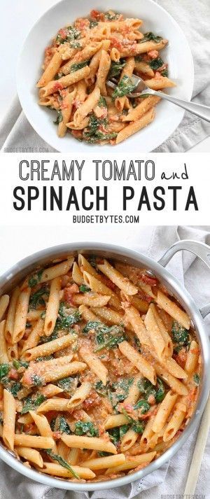 Creamy Tomato and Spinach Pasta is a fast an easy answer to dinner - BudgetBytes.com Cheap Healthy College Meals, Healthy Meals For Pregnant Women, Tomato Spinach Pasta, Tomato And Spinach Pasta, Pasta Spinach, Makanan Italia, Pasta Healthy, Pasta Creamy, Resep Pasta