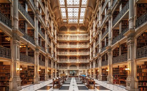 These college libraries are way more beautiful than the internet. Cartagena, Most Beautiful Libraries, George Peabody Library, Peabody Library, Beautiful Libraries, Planets Images, John Hopkins, Marble Floors, Beautiful Library