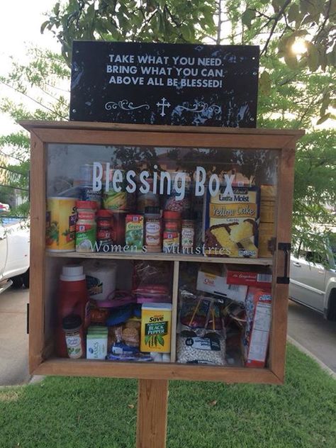 Blessing box, like a Free Library Homeless Care Package Ideas, Community Outreach Ideas Church, Community Outreach Ideas, Give Box, Homeless Bags, Homeless Care Package, Little Free Pantry, Outreach Ideas, Community Service Ideas