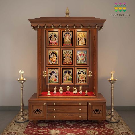 Amod Traditional Free-standing Puja Mandir for Home Big in Solid Wood - Etsy Australia Mandir For Home, Puja Mandir, Brass Animals, Temple Design For Home, Cherry Brown, Wood Kiln, Pooja Room Door Design, Wood Backdrop, Home Temple