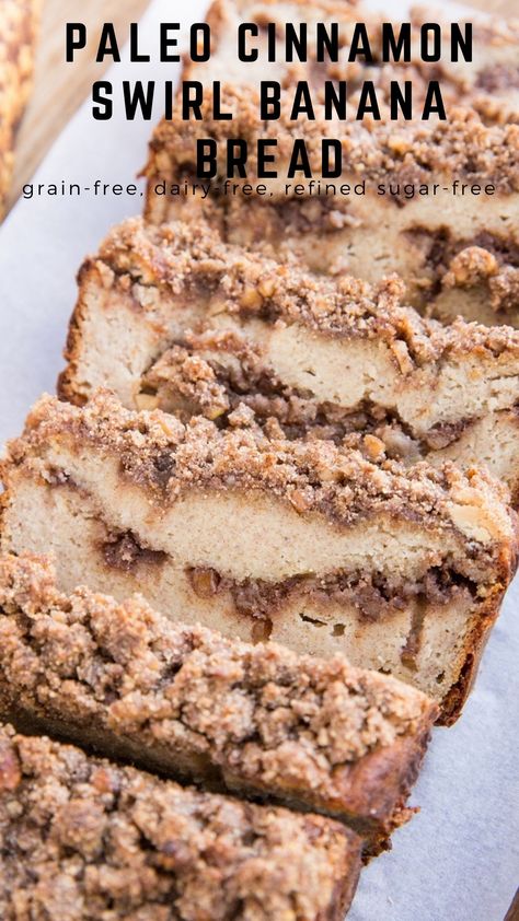 Paleo Cinnamon Swirl Banana Bread - The Roasted Root Whole 30 Banana Dessert, Refined Sugar Free Banana Bread, Paleo Quick Bread, Cinnamon Bread Healthy, Sugar Free Banana Bread Recipe, Paleo Banana Recipes, Banana Bread Paleo, Paleo Dessert Recipes, Paleo Zucchini Bread