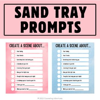 NEW PRODUCT: Sand Tray is a wonderful therapeutic technique to use when working with children and adolescents. These 10 sand tray prompts can easily be printed and laminated for frequent use. As a school counselor, I frequently tell students to pick a prompt on the list and build a scene for me.  I let the students select their prompt and follow their lead. Every once and a while I may provide students with a specific prompt, however, this list is great tool for my regular check-ins (or as a get to know you activity).This product includes the following:10 Sand Tray Prompts (available in 3 different color schemes and BW)Counselor Tips for using a Sand Tray (great for beginners)10 Counselor Processing Prompts (10 prompts to help the student process their completed sand tray)If you're new to Sand Tray Directives, Sand Tray Therapy Prompts, Sand Tray Therapy Ideas, Feminist Therapy, Coaching Conversations, Therapy Prompts, Counseling Crafts, Counselling Activities, Sandplay Therapy