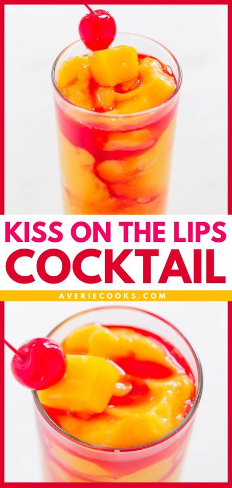 Kiss On The Lips Cocktail, spring, summer drinks, easy cocktail recipes Margaritas, Fruity Cocktails Recipes, Malibu Rum And Peach Schnapps Drinks, Simple Fruity Cocktails, Fun Party Cocktails, Peach Malibu Rum Drinks, Mango Vodka Drinks Recipes, Fun Mixed Drinks Alcohol, Fruity Mixed Drinks Alcoholic Easy