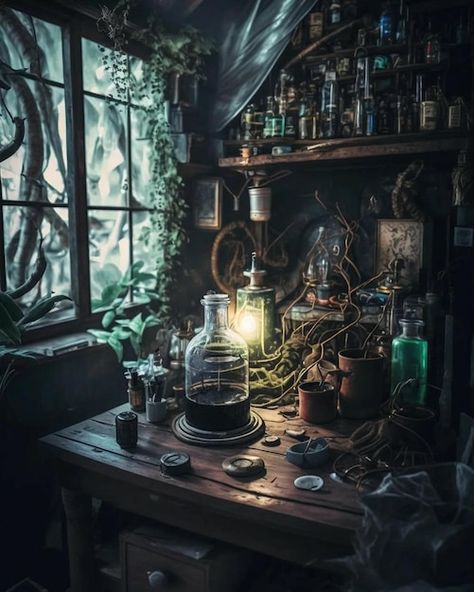 Photo a table with a bottle of magic pot... | Premium Photo #Freepik #photo #chemistry-lab #chemistry #lab-room #experiment Lab Research Aesthetic, Queen's Gambit Aesthetic, Vision Collage, Magic Table, Witch Hut, W.i.t.c.h Art, Chemistry Art, Witch Core, Labs Art