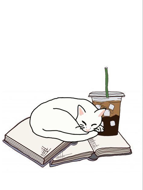 Cat Sleeping On Books Drawing, Cat And Books Drawing, Coffee And Book Drawing, Cozy Cat Drawing, Cat With Coffee Drawing, Cute Cat Sleeping Drawing, Sleep Cat Drawing, Coffee Cat Tattoo, Sleepy Cat Doodle