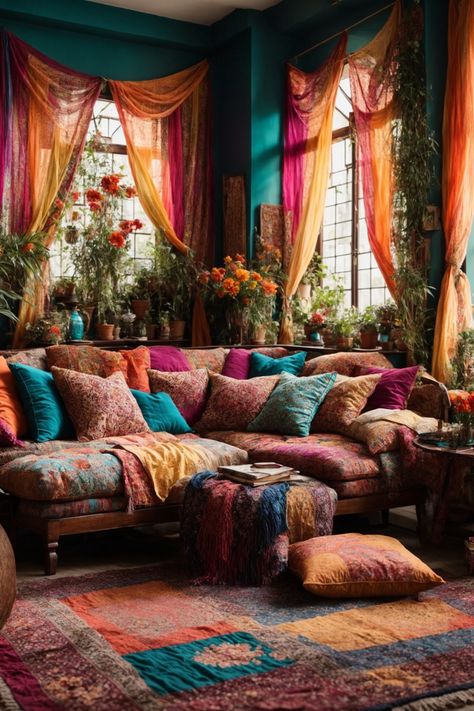 Dive into a living room that's a vibrant tapestry of colors, textures, and sensations. Lush teal walls form the perfect backdrop for a symphony of brilliant oranges, radiant pinks, and deep purples. Sheer drapes, kissed by sunbeams, frame arched windows and dance gently in the breeze. The centerpiece, a sumptuous multi-colored couch, beckons with plush cushions and throws in dazzling patterns and hues. Underfoot, a patchwork of intricately designed rugs tell tales of distant lands and adventures Orange Pink And Teal Living Room, Multi Color Sofa, Boho Living Room Colourful, Jewel Tone Living Room Grey Couch, White Walls Maximalist, Boho Jewel Tone Living Room, Teal Purple Bedroom, Jewel Tone Accents Living Room, Romani Living Room