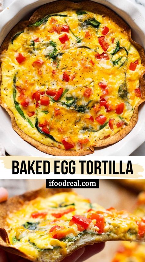 Baked Egg Tortilla bursting with versatility and flavor, packed with veggies and protein, and easy to make for breakfast or dinner! High Protein Tortilla Baked Quiche, Healthy Egg Bakes Breakfast, Breakfast Tortilla Baked Eggs, Meals With Low Carb Tortillas, Breakfast Tortilla Egg Cottage Cheese, Eggs On A Tortilla, Healthy Low Cal Dinner Ideas, Eggs On Tortilla In Oven, High Protein Egg Tortilla Bake