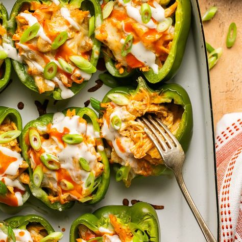 Low Carb Buffalo Chicken Stuffed Peppers Recipe Stuffed Peppers Recipe Healthy, Low Carb Buffalo Chicken, Buffalo Chicken Stuffed Peppers, Pepper Recipes Healthy, Healthy Little Peach, Buffalo Chicken Casserole, Stuffed Peppers Recipe, Ranch Recipe, Burger Toppings