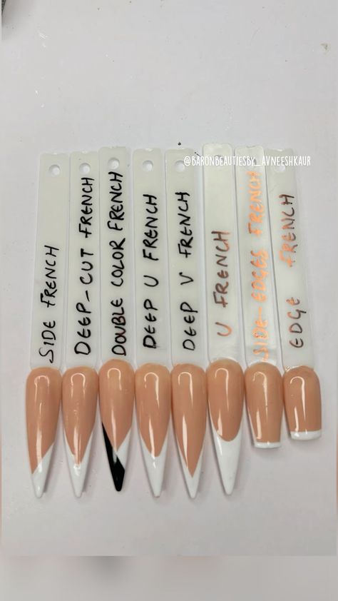 Type Of Nails Acrylic, Different Shaped French Tips, Type Of Nail Designs, Different Shape French Tip Nails, Type Of French Nails, Styles Of French Tips, Types Of Nail Tips, French Tip On Different Nail Shapes, French Nail Shapes