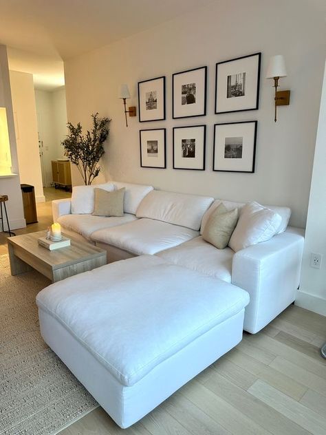 White Couch Inspiration, Apartment Decor Simple Classy, Styling A Cloud Couch, Cloud Couch Apartment Living Room, Neutral Apartment Inspiration, Cloud Couch With Accent Chairs, Cream And White Living Room Cozy, Neutral Beach Apartment, White Cozy Couch