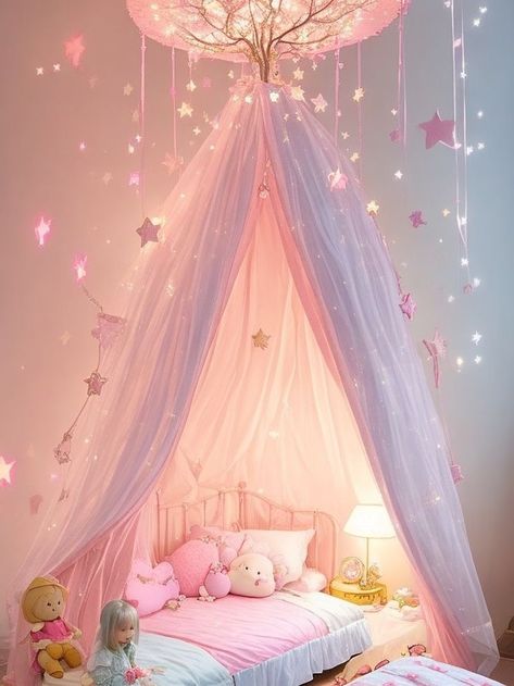 Princess Bed With Canopy, Girls Canopy Bed With Lights, Princess Canopy Bed Fairy Lights, Girl Bed With Canopy, Aurora Room Decor, Fairy Princess Room Ideas, Bed Canopy For Girls Room, Canopy Bed For Toddler Girl, Twinkle Lights Girls Bedroom