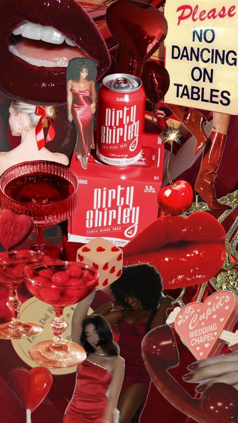 Cherry Girl Party Aesthetic, Red dressed, dirty Shirley cocktails, red hearts, red lips, retro cocktail glasses, red boots, cherries, red vintage signs Girl Party Aesthetic, Vday Party, Dirty Shirley, 21st Birthday Themes, Bday Party Invitations, 30th Birthday Themes, Cherry Girl, Red Birthday Party, Happy 15th Birthday