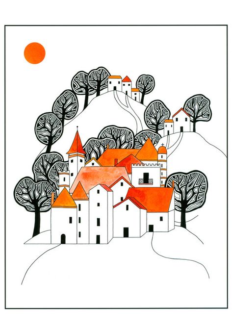 Houses Illustration Art, Color Ink Drawing, House Illustration Art, Houses Drawing, Buildings Drawing, Village Illustration, Village Drawing, Home Drawing, Village Art