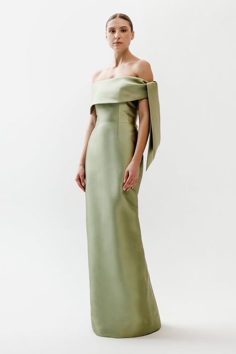 Colour Sage Green, Roll Collar, Dress Code Wedding, Off Shoulder Gown, Maid Of Honour Dresses, Trumpet Skirt, Green Gown, Fashion Gowns, Guest Attire