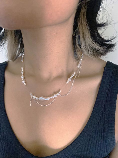 Nadia Ridiandries - Flashing Lights Necklace Diy Pearl Jewelry, Asymmetrical Jewelry, Jewelry Mood Board, Asymmetrical Necklace, Instagram Edit, Dance Necklace, Crescent Earrings, Biwa Pearls, Flashing Lights
