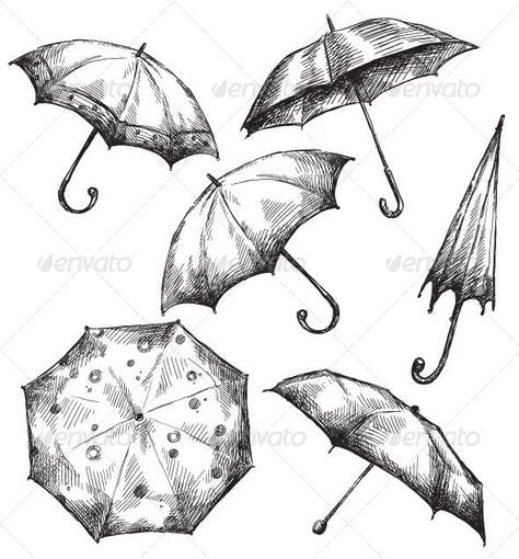 Set of Umbrella Drawings - Man-made Objects Objects Croquis, Umbrella Drawing, Umbrella Illustration, Umbrella Art, Object Drawing, Hand Drawn Vector Illustrations, Guy Drawing, Pencil Art Drawings, Art Drawings Simple