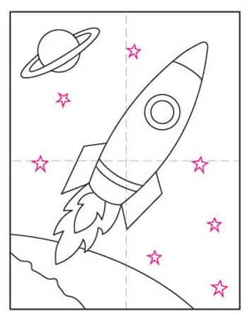 How to Draw a Rocket · Art Projects for Kids Isro Rocket Drawing, Draw Rocket Ship, Rocket Drawing For Kids, Rocketship Drawing, Space Ships Drawing, Rocket Ship Drawing, Landscape Drawing For Kids, Simple Drawing For Kids, Rocket Coloring