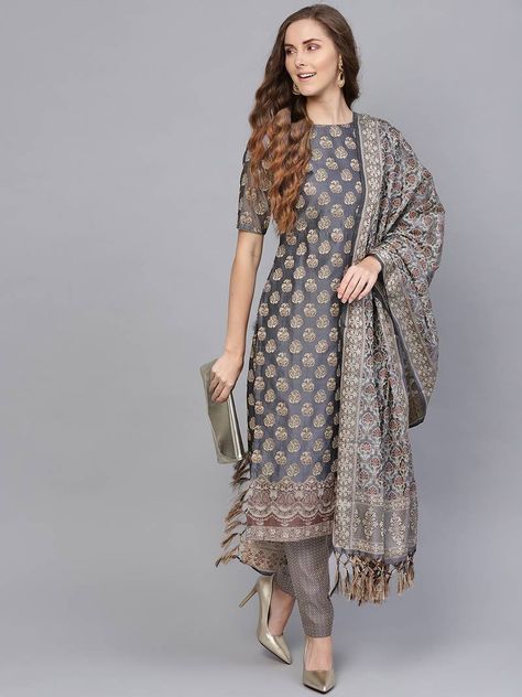 Grey Banarasi Cotton Woven Design Unstitched Dress Material - Inddus - 3034752 Banarasi Suit Designs Latest, Banarsi Suit Design, Banarasi Suit Designs, Suits Design Latest, Black Salwar, Silk Kameez, Black Salwar Kameez, Cotton Suit Designs, Banarasi Suit