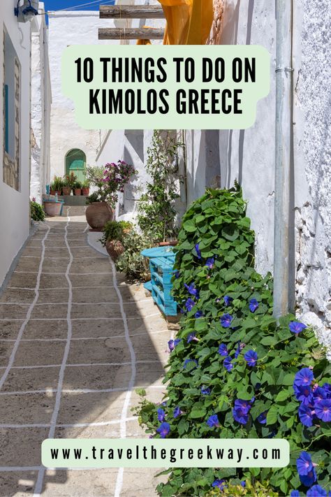 A small alley with a climbing plant with purple flowers on a Greek island. Kimolos Island Greece, Kimolos Greece, Cyclades Islands, Greece Islands, Drift Wood, Island Getaway, Island Hopping, Greek Island, Greece Travel