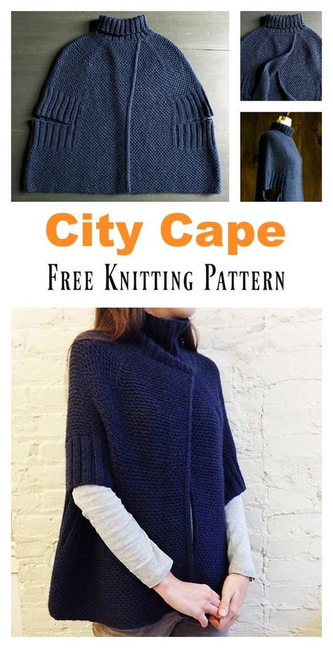 City Cape Free Knitting Pattern Cape Pattern Free, Knitted Cape Pattern, Crochet Caplet, Crochet Cape, Cape Pattern, Poncho Knitting Patterns, Knitted Cape, Quick Knits, Kleidung Diy