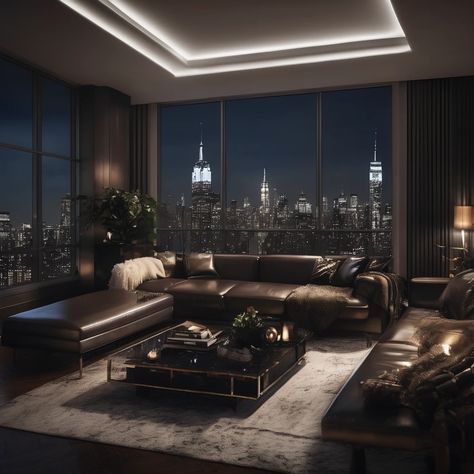 Black Luxury House, Dark House Aesthetic, Dark Modern Bedroom, Cyberpunk House, Dark Modern House, Modern Penthouse, Dark Modern, Dream Apartment Decor, Luxury Penthouse