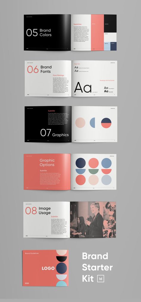 Brand Starter Kit for InDesign | Brand Guidelines Template Pack Branding Book Layout, Corporate Brand Guidelines, Brand Starter Kit, Logo Guidelines Brand Book, Brand Guidelines Typography, Branding Guidelines Template, Logo Book Design, Brand Guidelines Design Layout, Brandbook Brand Guidelines