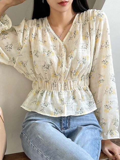 [CommissionsEarned] Yellow Boho Long Sleeve Polyester Floral Peplum Embellished Non-Stretch Women Tops, Blouses And Tee #bohoblousesforwomen Trendy Tops For Women Classy, Classy Outfits For Women Casual, Fancy Top Design, Short Top Designs, Frock Top, Western Tops For Women, Peplum Top Outfits, Feminine Tops, Cotton Suit Designs