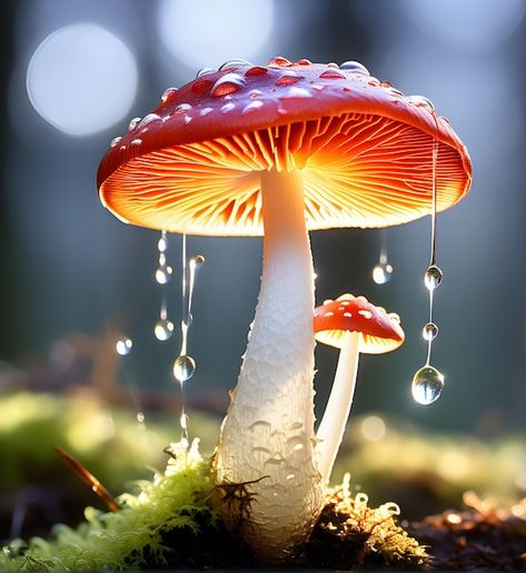 Photo illuminated red mushrooms with dew... | Premium Photo #Freepik #photo Mushroom Forest Photography, Red Mushroom Photography, Mushrooms Photography, Whimsy Wallpaper, Mushroom Photo, Mushroom Photography, Mushroom People, Red Mushrooms, Mushroom Pictures