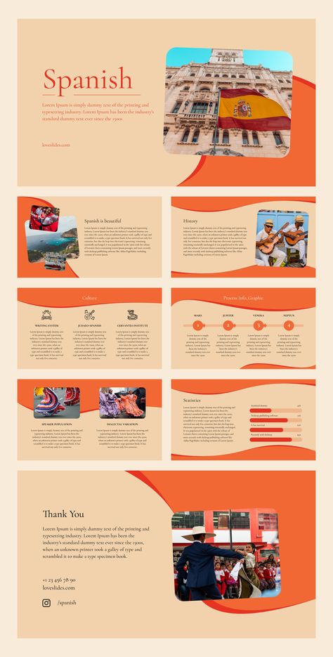Spain - what do you know about the history and culture of this country? Or want to share travel itineraries with your followers? Either way, our Beautiful Orange Spanish presentation template is perfect for these aims. Add any information relevant to your story to the ready-made template and use professional slide design for free! #GoogleSlides #freetheme #Spanish School Presentation Ideas Google Slides, Orange Presentation Design, Country Presentation Ideas, School Presentation Ideas, Theme For Presentation, History Presentation, Furniture Branding, Google Slide Templates, Presentation Ideas For School