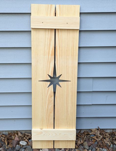 Exterior Shutter with Mid Century Modern MCM Starburst cutout: Customize your shutter height, to fit your windows   This listing size is for: -ONE pine shutter -Mounting screws -11.25 or 14.75" width -Custom length up to 60". Personalize the exterior look of your house with these rustic distinctive Shutters. Each one is made to order in the US by a Veteran with the pattern of your choice. They do come UNPAINTED, and ready for you to paint to match your color scheme.  If there is a design not sho Cabin Shutters Exterior, Exterior Shutters With Cutouts, Mid Century Shutters Exterior, Shutter Cutout Designs, Mid Century Modern Windows Exterior, Mcm Shutters, Cutout Shutters, Modern Wood Shutters, Cedar Shutters Exterior