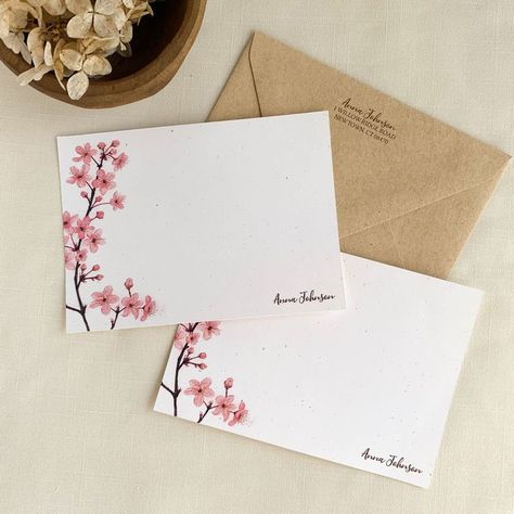 Pink Cherry Blossom Note Cards. Floral Personalized Stationery. Eco Friendly Gifts. Set of 10. Cards Watercolor, Pink Cherry Blossom, Paper Wall Hanging, Envelope Art, Hanging Flower Wall, Notecard Set, Wall Hanging Diy, Envelope Design, Personalized Note Cards