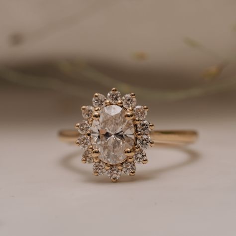 The Mina Ring | Lab Diamond Vintage Engagement Halo - 395000 Engagement Rings Gold Band Vintage, Vintage Halo Rings, Vintage Oval Moissanite Engagement Ring, Fun Engagement Ring, Diamond Cluster Ring Vintage, Vintage Oval Cut Engagement Ring, Halo Engagement Ring With Wedding Band, Oval Halo Engagement Ring And Band, Engagement Vintage Rings