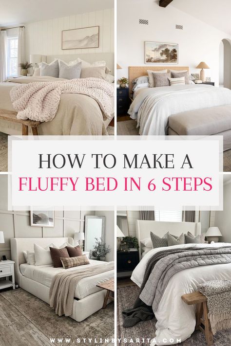 style a bed like a designer How To Put Bedding Together, King Bedding Layering, Simple Master Bedding Ideas, Making King Size Bed, Layered Beds Ideas, How To Design A Bed, Perfect Bedding Layering, How To Make Your King Bed Look Fluffy, How To Layer A King Bed