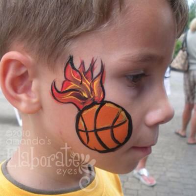 Basket ball with flames Belly Painting, School Spirit Face Paint, Kids Face Painting Easy, Face Painting For Boys, Face Paint Ideas, Girl Face Painting, Face Painting Easy, Kids Face Paint, Face Painting Halloween