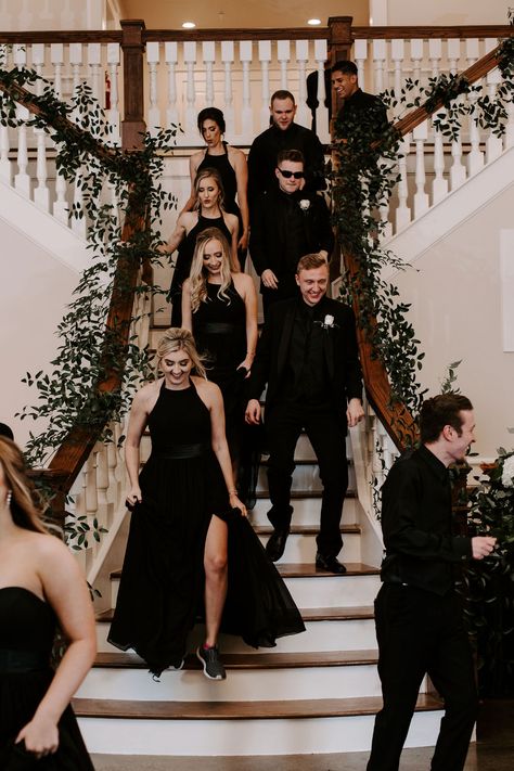 Wedding Squad Photo Ideas, Weddings Guests All Black, Formal Black Wedding Attire, Father Of The Bride Attire All Black, Black Wedding Theme Bridesmaid Dress, Black Outfit Bridal Party, All Black Outdoor Wedding, All Black Wedding Party Attire Groomsmen, Guests Wearing All Black To Wedding Photos