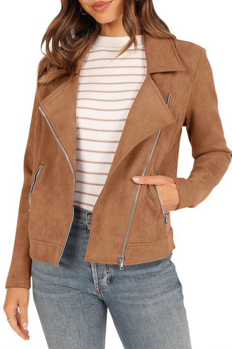 PRICES MAY VARY. SIZE ATTENTION: S=US 4-6, M=US 8-10, L=US 12-14, XL=US 16-18, XXL=US 20. Womens Motorcycle Jacket Made Of Exquisite Faux Suede Material, With Slightly Stretchy And Smooth To Touch. Zip Up Jackets For Women Ensure The First-Class Comfort Of Wearing FEATURES: Faux Suede Jacket Women/ Turn-Down Collar Fall Jackets For Women/ Womens Winter Coats With Pockets/ Stylish Moto Biker Jacket Women/ Long Sleeve Jackets For Women Fashion Dressy/ Zip Up Y2K Jacket/ Ladies Outerwear/ Women's C Outerwear Women Casual, Suede Jacket Women, Motorcycle Jacket Women, Womens Moto Jacket, Suede Biker, Faux Suede Moto Jacket, Moto Biker Jacket, Womens Biker Jacket, Womens Jackets Casual