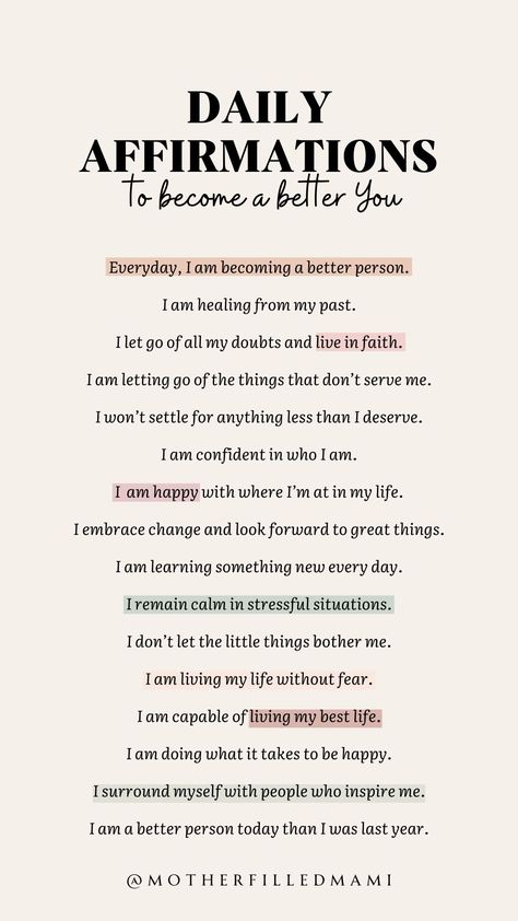 Positive daily affirmations to help you become a better you. The goal is to alway be the best versions of ourselves. Whether its emotionally, mentally, physically or spiritually. #selfcare #dailyaffirmations #dailypositiveaffirmations #affirmations #iam Good Daily Affirmations, Affirmation List Ideas, Journal Positive Affirmations, Why Are Affirmations Important, Motivational Daily Affirmations, How To Say Affirmations, Daily Affirmations About Confidence, Daily Affirmations For A Good Day, Journal Affirmations I Am