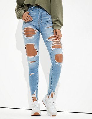 Jeggings Outfit, Super High Waisted Jeans, Bape Outfits, Cargo Shorts Women, Ripped Jeggings, American Eagle Ripped Jeans, One Piece Swimsuit White, Distressed Mom Jeans, Shorts Outfits Women