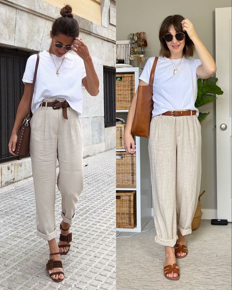 Summer Trouser Outfits Women, White And Cream Outfit Summer, Linen Tan Pants Outfit, Ivory Linen Pants, Cream Pants Outfit Spring, Linen Slacks Outfit, Outfits With Beige Linen Pants, Women Linen Outfit Summer, Cream Paperbag Pants Outfit