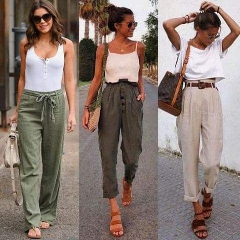 *2022* 16 refreshing combos: what to wear with linen pants? Khaki Linen Pants Outfit, Linen Joggers Outfit, How To Wear Linen Pants, Wide Leg Linen Pants Outfit, How To Style Linen Pants, Linen Pants Work, Linen Pants Outfit Summer, Women's Spring Fashion, Khaki Linen Pants