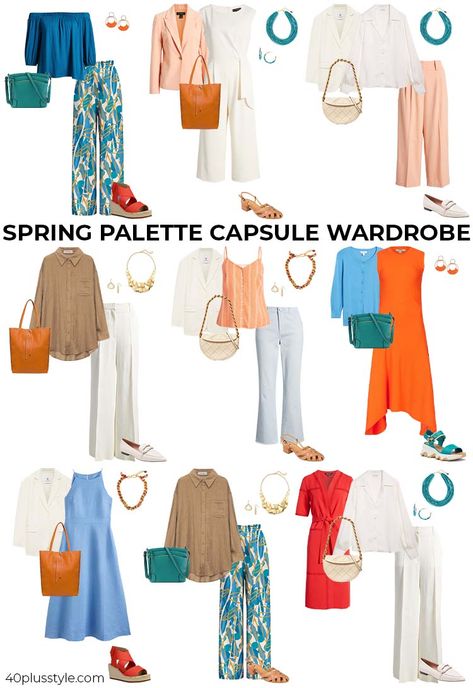 Spring color palette - are you a spring seasonal type - 40+style Bright Spring Capsule Wardrobe, Bright Spring Clothes, Spring Season Outfit, True Spring Palette, Warm Spring Palette, True Spring Color Palette, Warm Spring Color Palette, Warm Spring Outfits, True Spring Colors