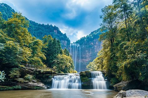 Simianshan Waterfall Morning Waterfall Outdoor Photography Photograph With Picture Background Chongqing, Jharna Background, Waterfall Background, Forest Waterfall, Blue Sky Clouds, Scenery Photos, Air Terjun, Outdoor Photos, Green Landscape