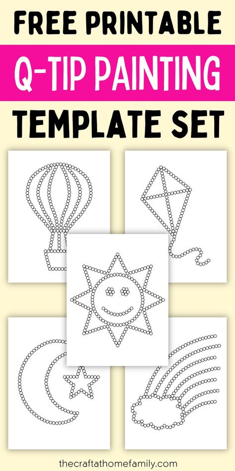 Does your child love painting? These printable Q-tip colouring templates are perfect for toddlers, preschoolers and kindergarteners who need to practice their fine motor skills—and they are also totally free to download! Instantly download and print out these free Q-tip dot painting printables to help your child have fun and practice their precision. Perfect for homeschooling, preschool or classrooms. Q-tip painting is such a fun activity for kids who like art and want to practice motor skills. Preschool Qtip Painting, The Dot Kindergarten Art Project, Preschool Art Printable, Art And Craft Ideas Kindergarten, Q Tip Fine Motor Activities, Dot Painting Qtip, Kindergarten Painting Activities, Q Tip Crafts For Preschool, Dot Painting For Preschoolers