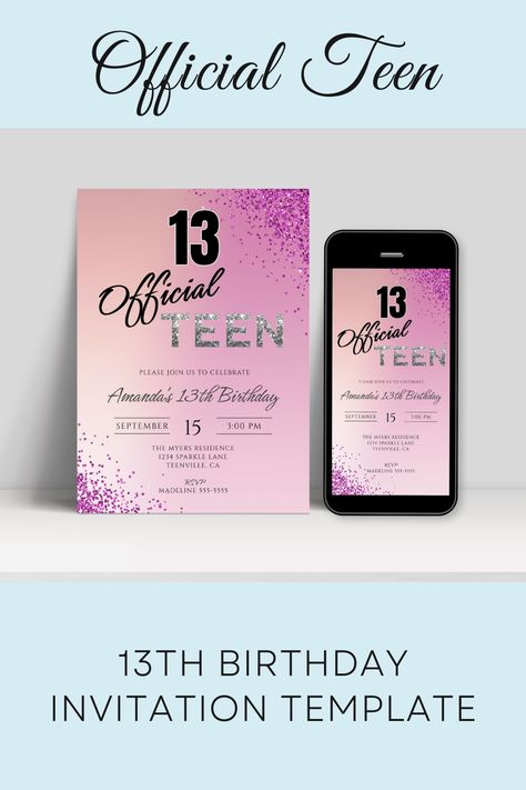 Official Teenager Invitation, 13th Birthday Party Invite, Thirteenth Birthday Girl, Purple Glitter 13th Birthday Invitations Girl, 13th Birthday Party, 13th Birthday Invitations, Thirteenth Birthday, Girls Party Invitations, 13th Birthday Parties, Birthday Party Invite, Teen Party, Birthday Invitations Girl