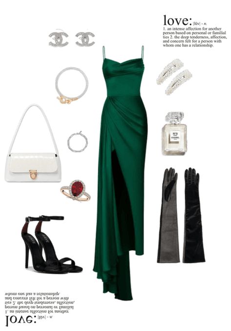 Long dress, green dress, jewelry, elegant, boujee, luxurious, channel Elegant Green Dresses Classy, Green Dress Outfit Prom, Elegant Gloves Classy, Money Green Dress, Jewelry That Goes With Green Dress, Green Glamour Outfit, Prom Outfit With Gloves, Green Luxury Outfit, Green Gloves Outfit