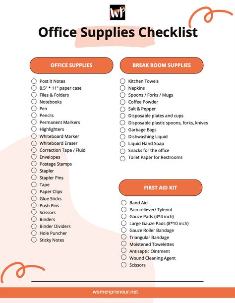 Checklist with list of items for office supplies for small business New Office Supply Checklist, Basic Office Supplies List, Work Office Supplies List, Office Stationary List, Office Needs List, Office Essentials Checklist, Stationery Small Business Ideas, Home Office Checklist, Business Supplies List
