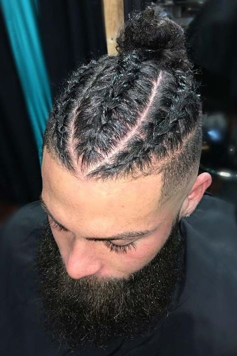 Man bun braids are one of the trendiest men long hairstyles. There is a wide variety of braided bun styles for white and Black men, from a braid bun fade to a top knot with braids. #menshaircuts #menshairstyles #undercut #manbraid #manbun #braidsformen #cornrows Fade Man Bun, Braids For Guys, Style Undercut, Male Curly Hair, Braids For Men, Braids With Fade, Braided Man Bun, Man Buns, Braid Styles For Men